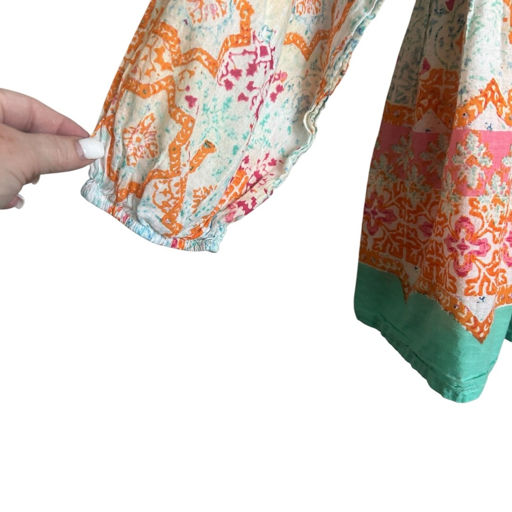 Sigrid Olsen Womens Boho‎ Coastal Peasant Top M Orange Geometric Cottage Artsy - Picture 5 of 8